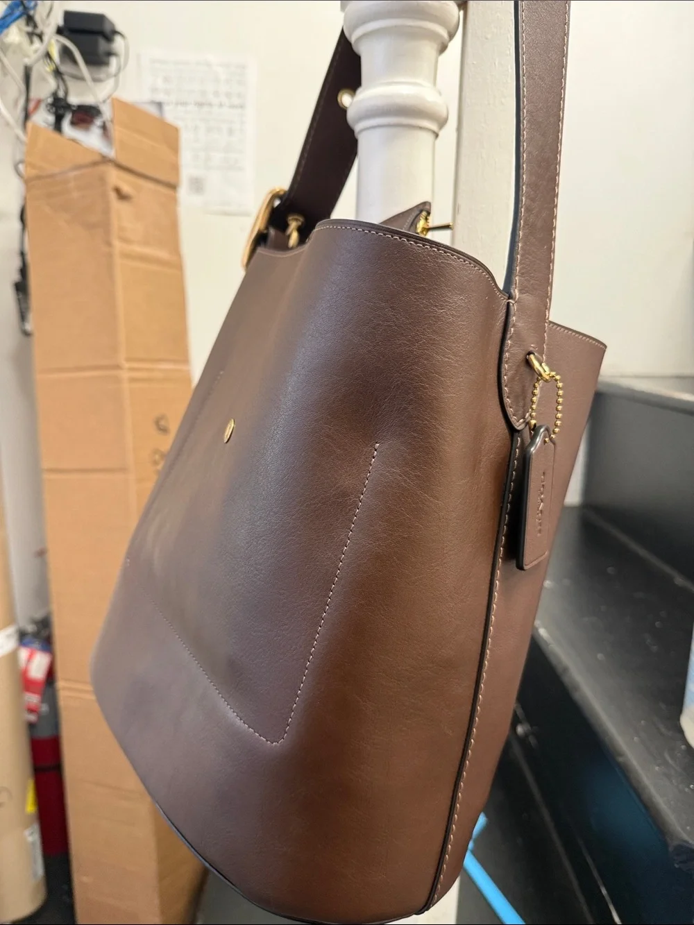 New Coach Brown Leather Wristlet Pouch with Gold Logo